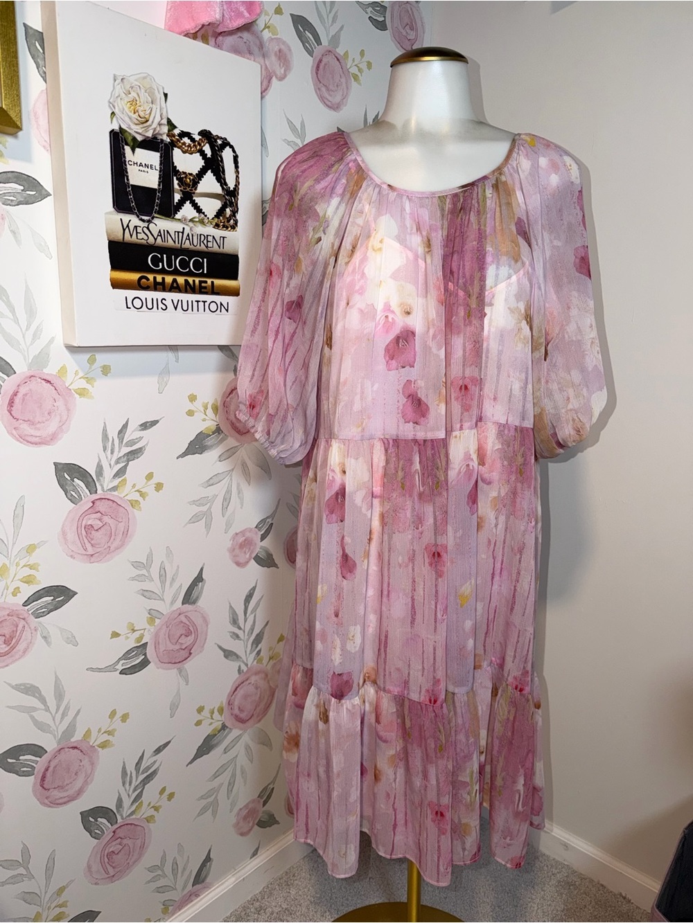 Melloday Pink Floral Print Tiered Mini Dress Bohemian Blouson Sleeve M